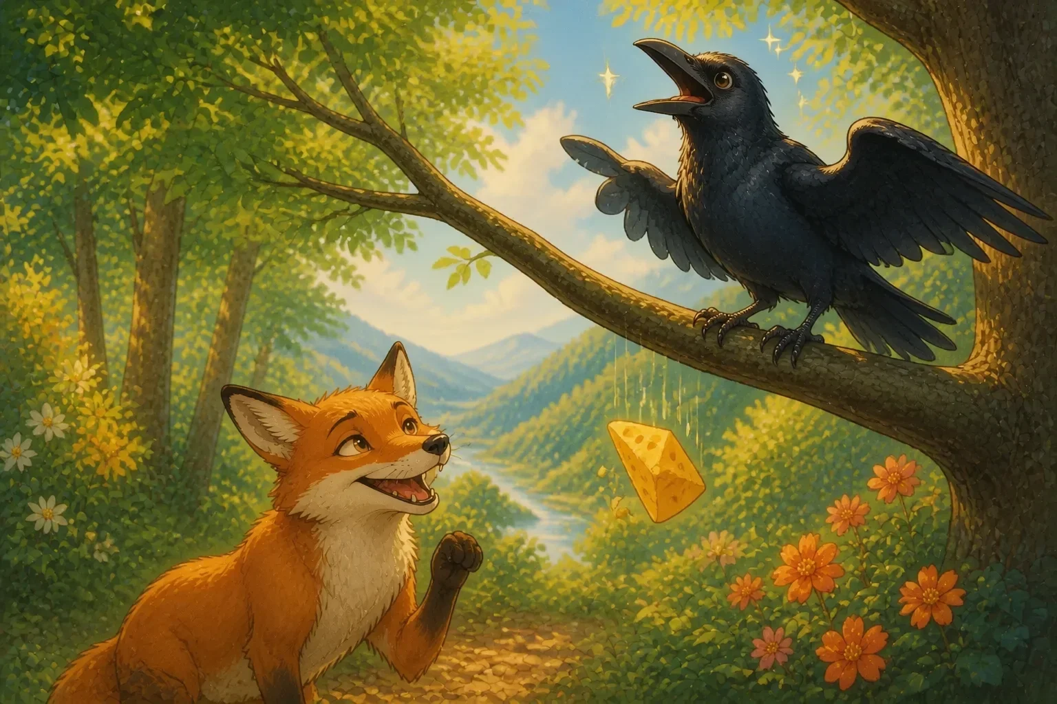 The crow opening his beak mid-song, with a piece of cheese slipping from his grasp, while the fox eagerly watches below, ready to snatch the cheese.