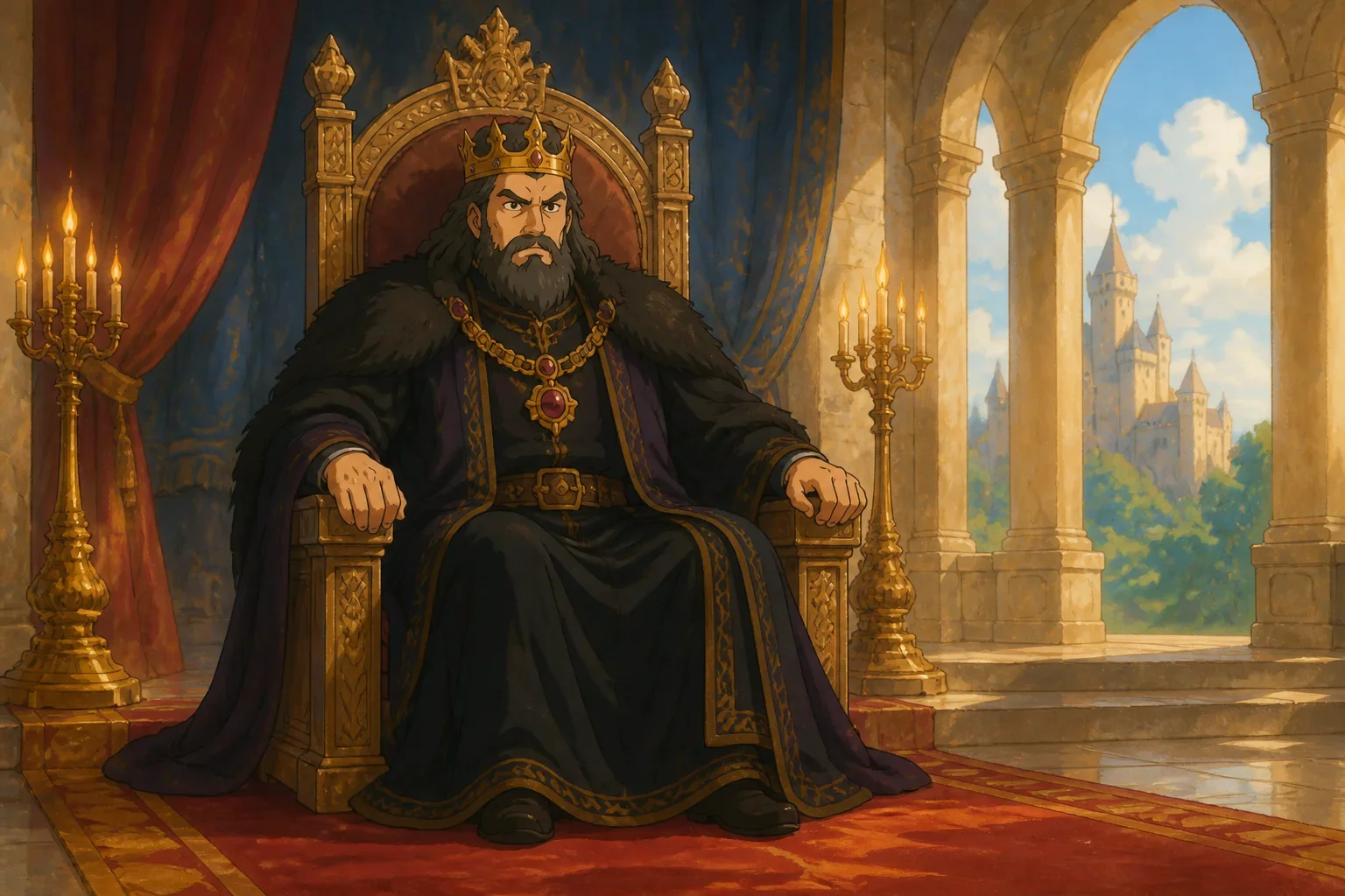 A tall, imposing king with dark robes and a heavy crown sitting on a grand throne in a vast castle, looking stern and intimidating.
