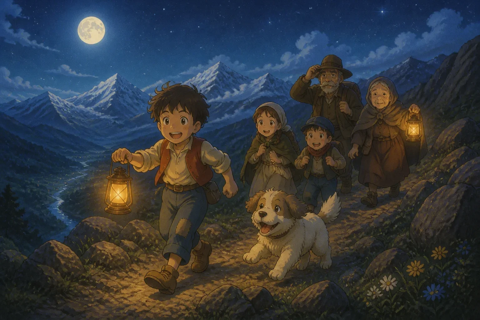 Tenzin Gyatso and his followers crossing a mountain pass at night, silhouetted against the moonlit sky, on their way to India for safety.