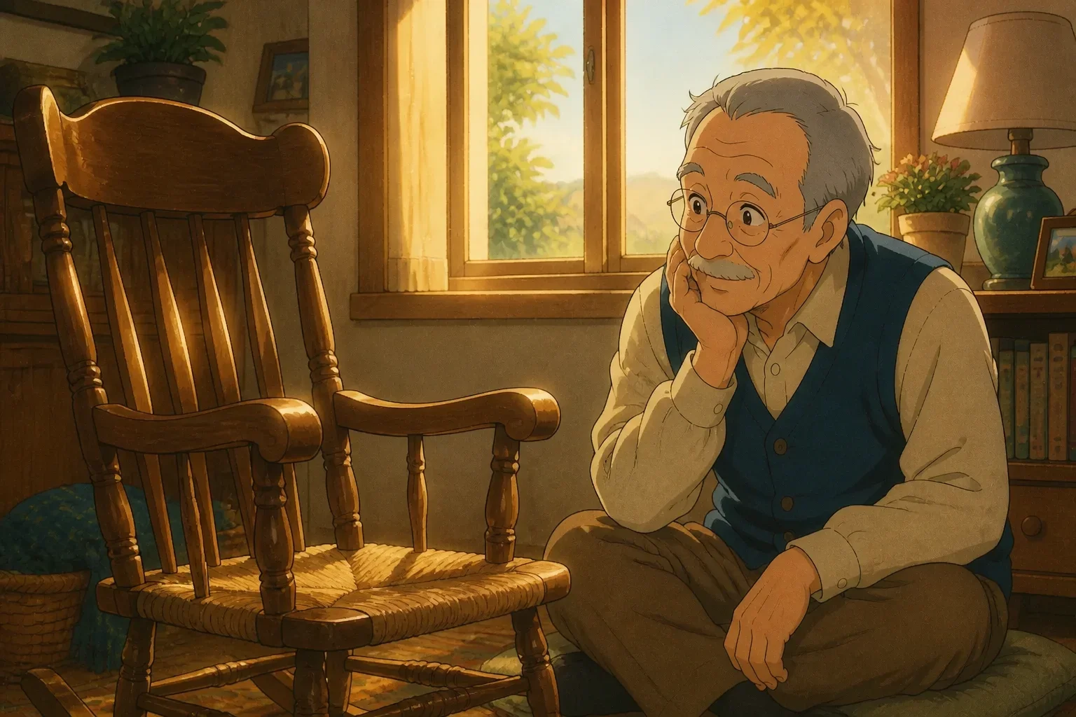 Grandfather gazing thoughtfully at the old wooden chair in the sunlight, with a gentle expression of nostalgia and love.