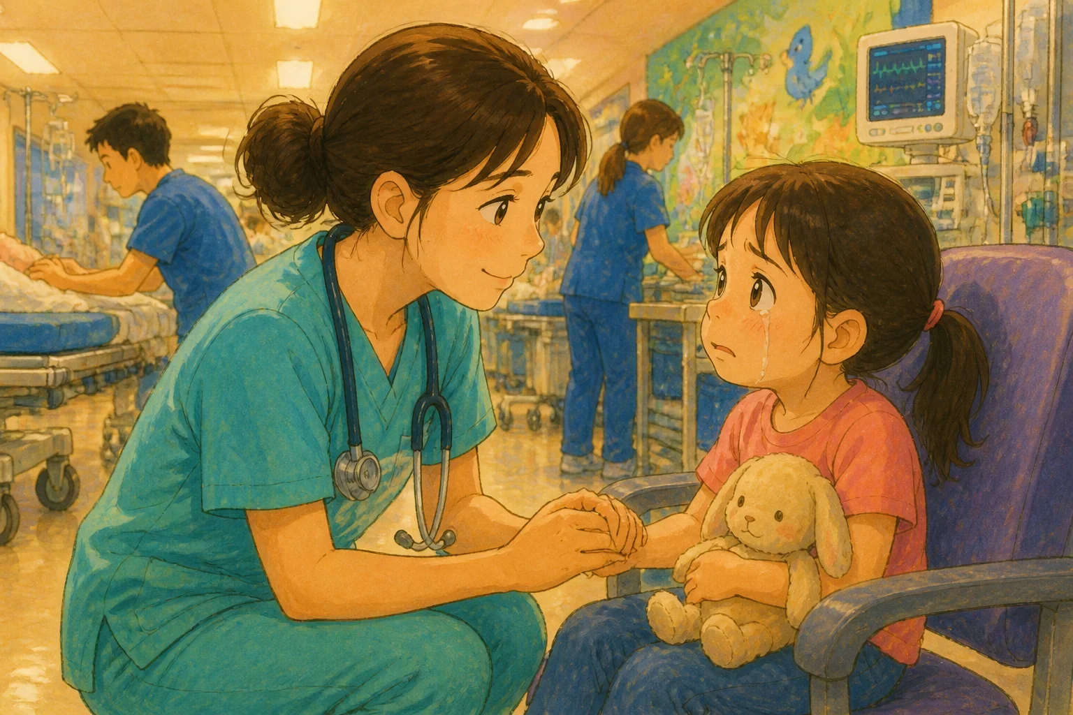Nurse Sarah gently holding the hand of young Emma in the hospital emergency room, showing compassion and care.
