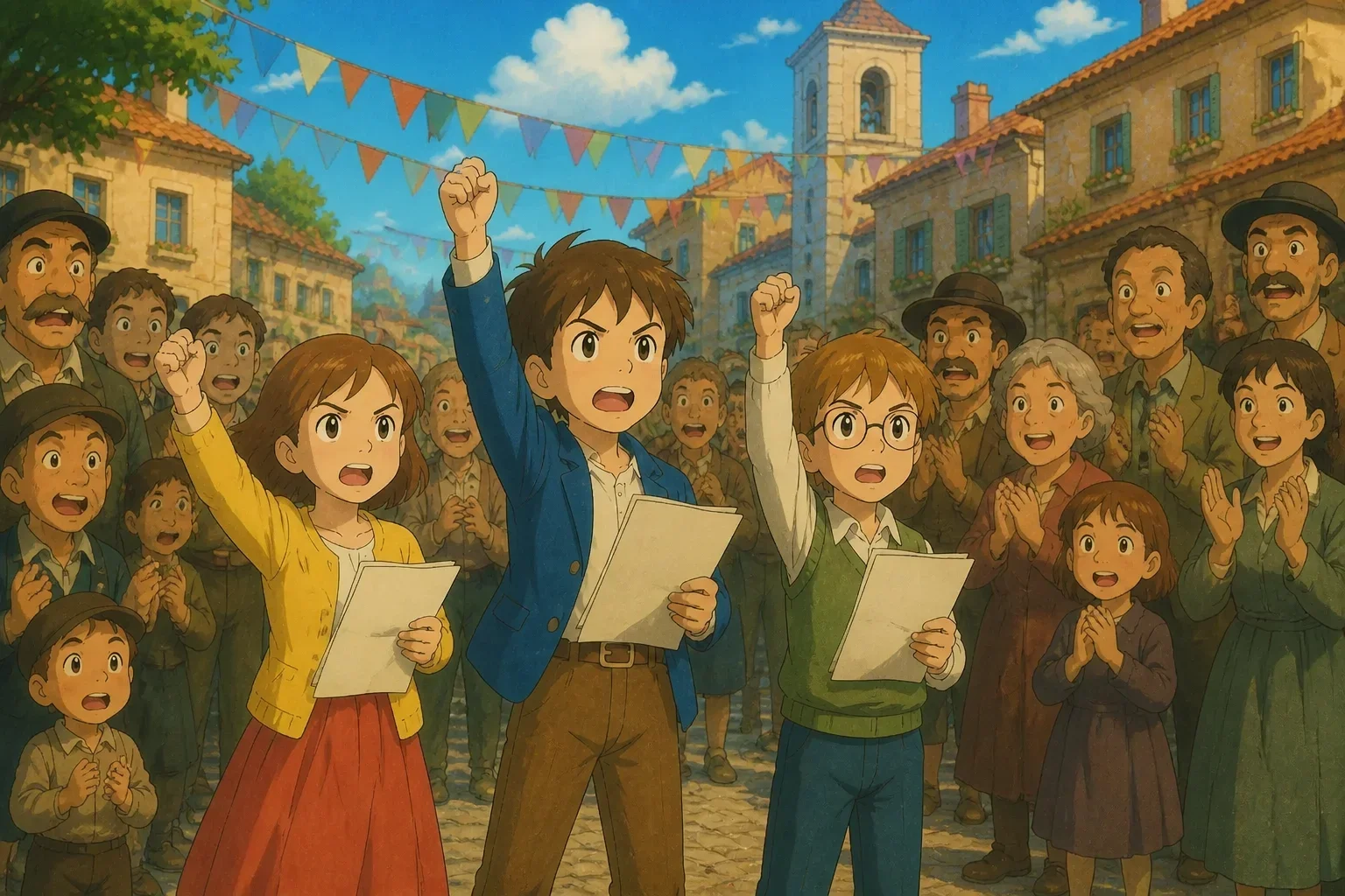 Three children standing confidently in the town square, holding documents and speaking to a gathered crowd, with a backdrop of town buildings and a sense of community action.