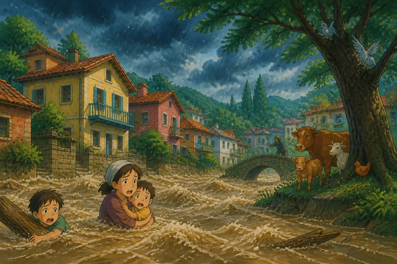 A peaceful village caught in a sudden, heavy flood with dark clouds overhead, waters rising rapidly around colorful houses.