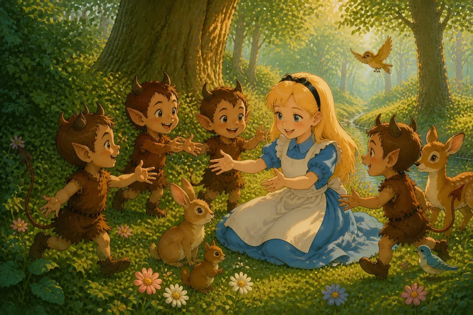 The transformed devils happily approaching Princess Alice, offering friendship with warm smiles, in a sunny, vibrant forest setting.