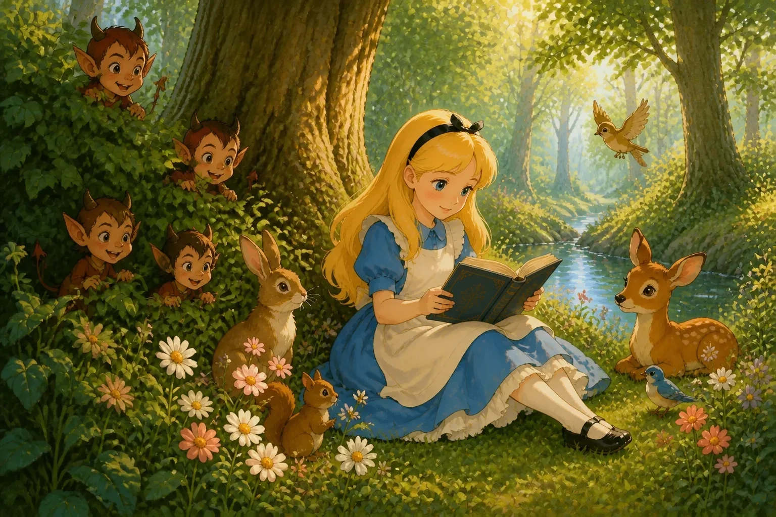 Four mischievous baby devils hiding behind bushes, listening intently to Princess Alice’s story, their playful faces showing curiosity and surprise.