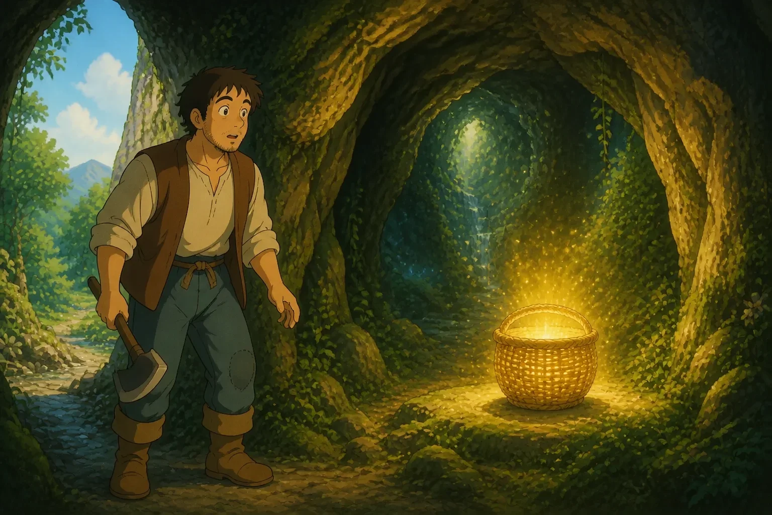 Jack enters a mysterious, glowing cave deep in the forest. The cave is shimmering with vines and an ethereal light. At its center, a sparkling golden woven basket emits a gentle glow.