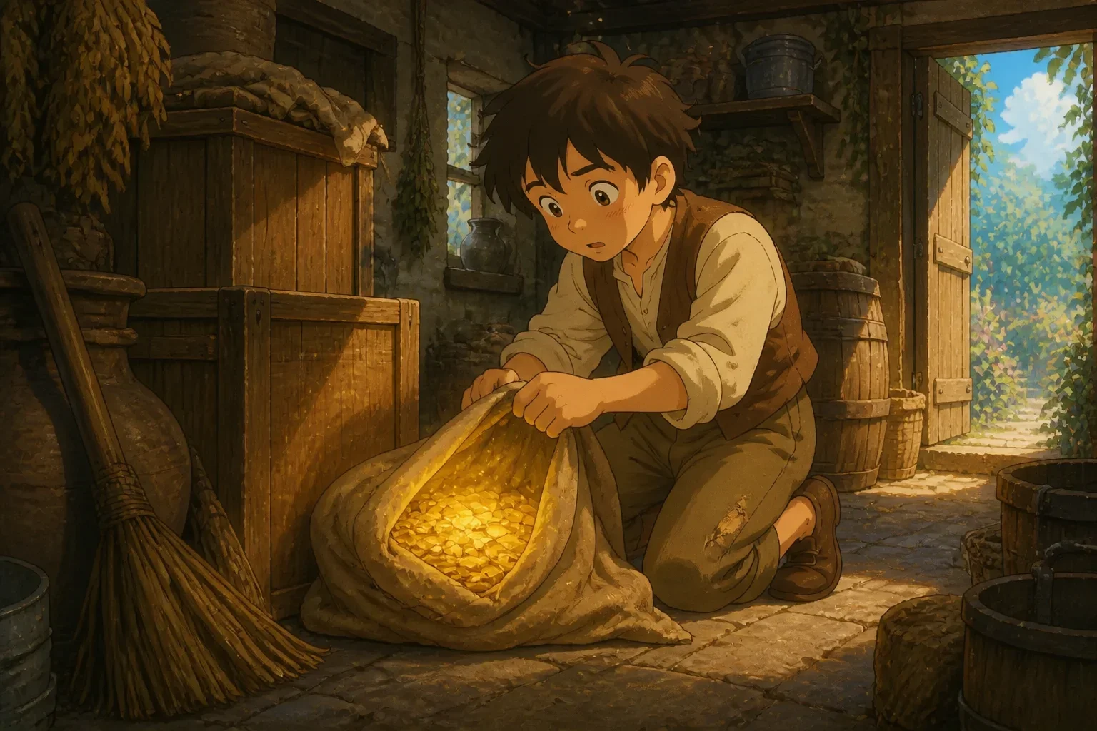 Thomas discovers a heavy bag of gold coins hidden behind crates in the estate’s storage shed, looking surprised and contemplative.