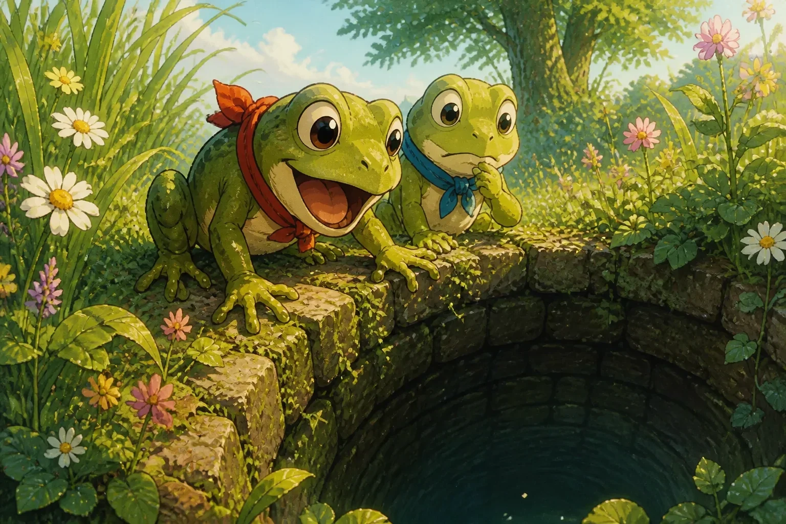 Benny and Tommy discovering a dark, deep well in the forest with wildflowers on top, as they peer into the bright sunlight illuminating the scene, one frog excited and the other cautious, in a vibrant, family-friendly illustration style.