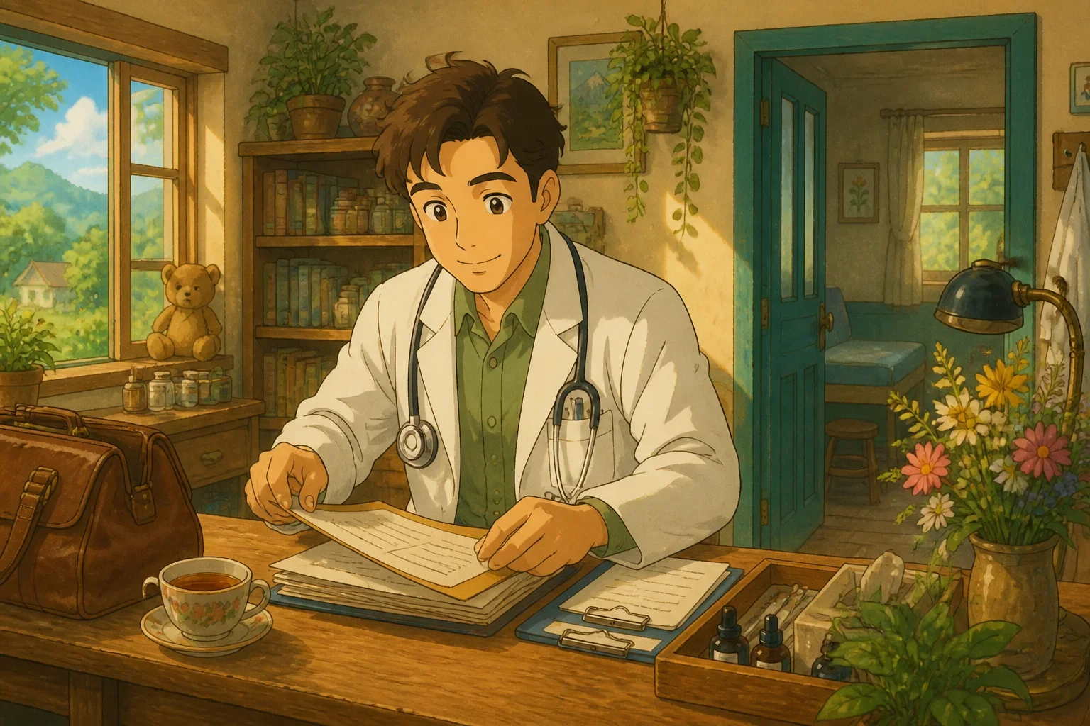 Doctor Ethan preparing his cozy clinic early in the morning, with sunlight streaming through the window, creating a warm and welcoming atmosphere.