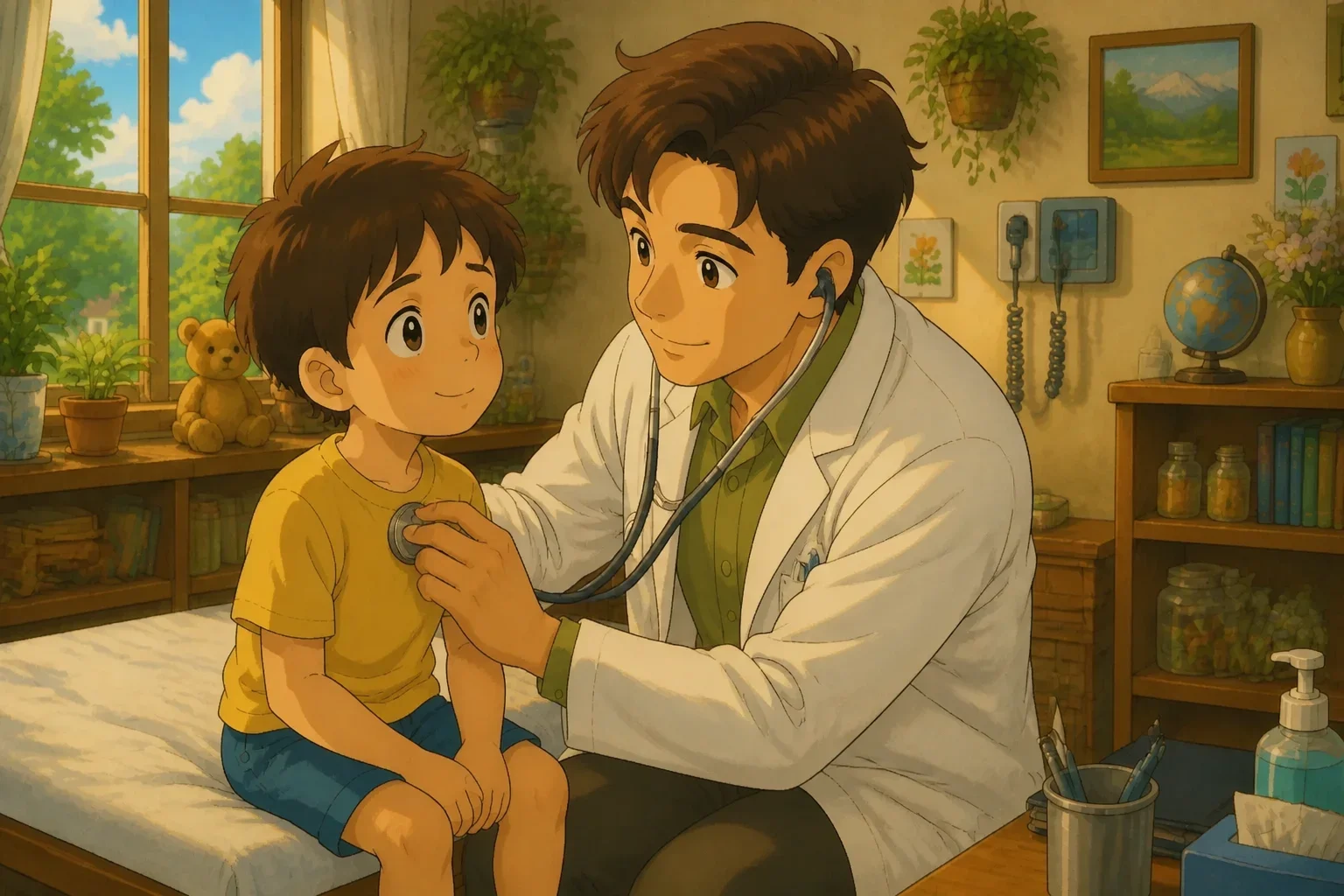 Doctor Ethan caring for a young patient in his clinic, with a warm and compassionate expression, surrounded by medical tools and a cozy setting.