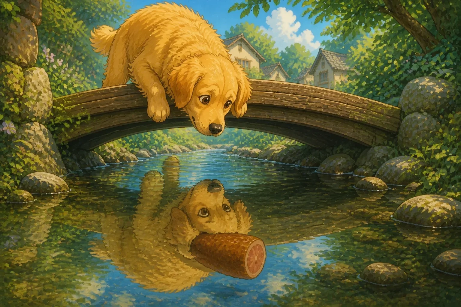 A curious dog peerings into a stream beneath a wooden bridge, noticing another dog's reflection holding a bigger piece of meat.