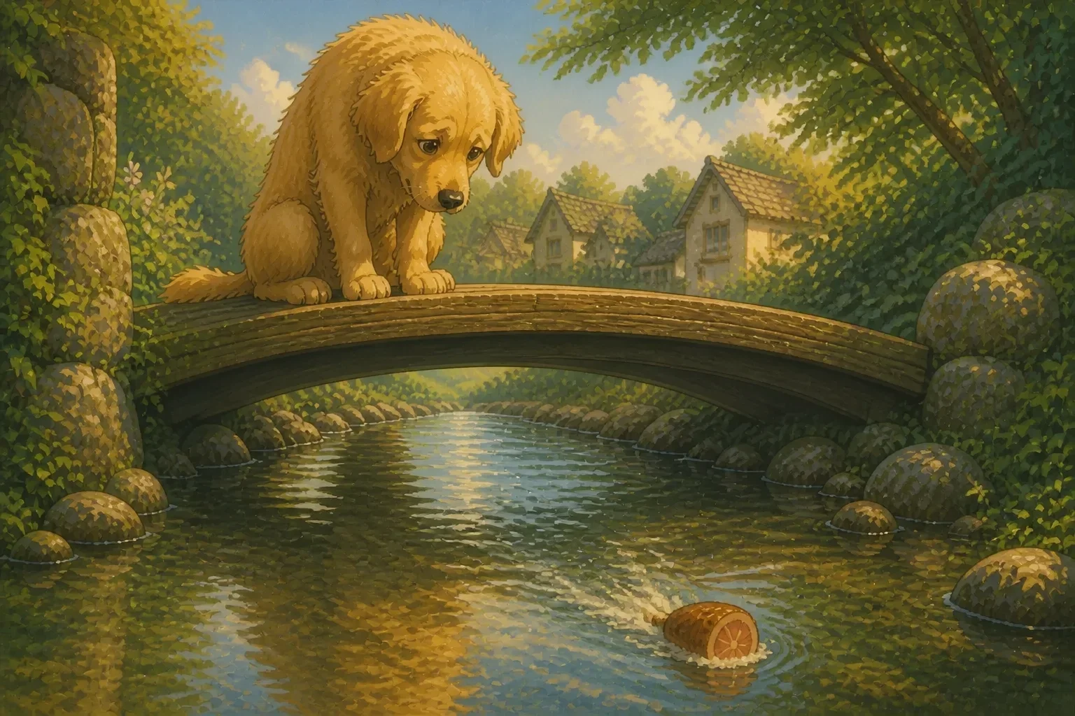 A disappointed dog watching its piece of meat float away in a stream after barking at its reflection.