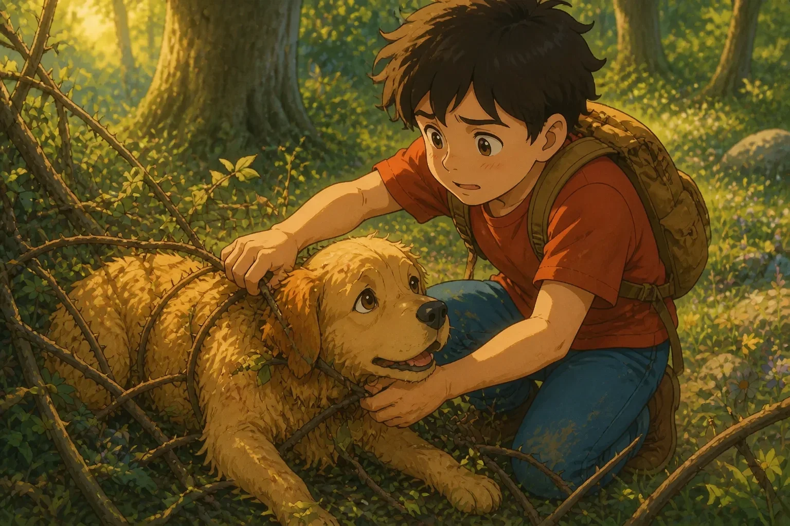 A distressed dog caught in a thicket of thorns, with a young boy kneeling beside him, trying to gently free him.