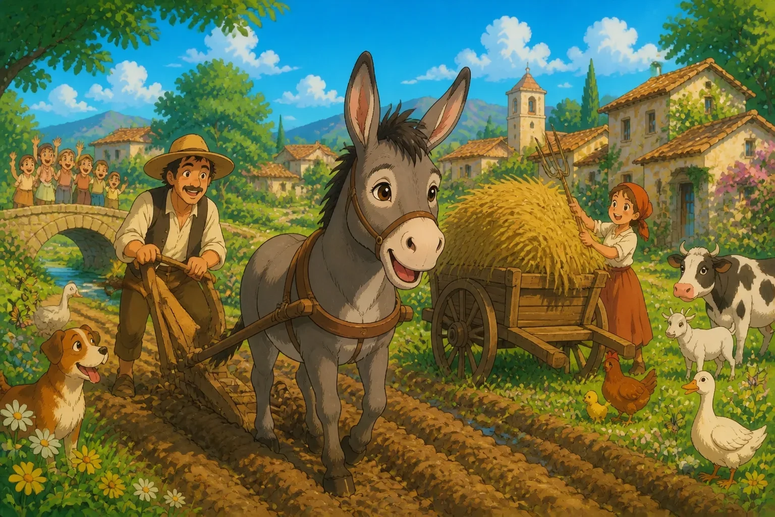 Diego the donkey actively helping villagers with farming tasks, showing determination and newfound effort, with villagers smiling and working together.