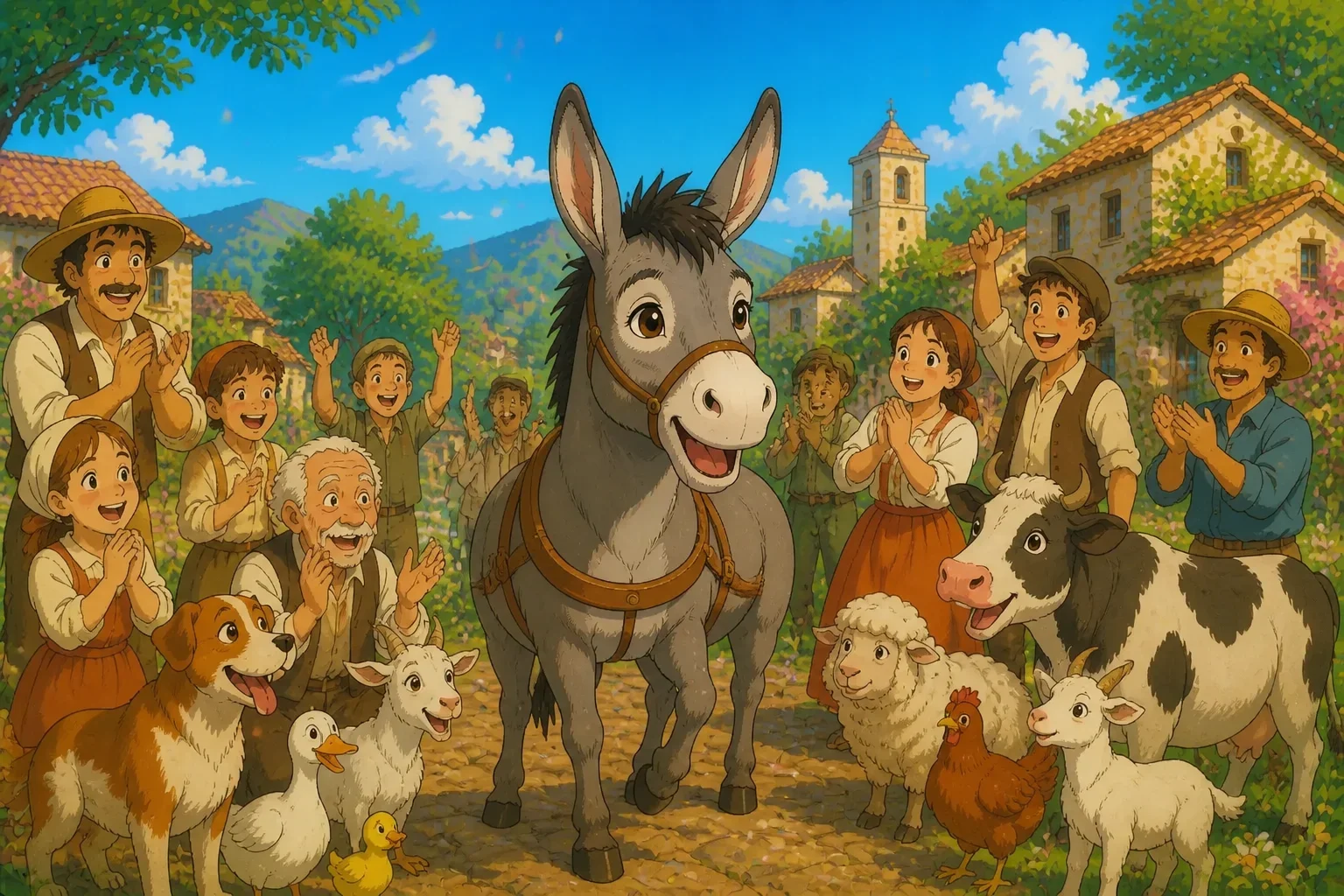 A joyful donkey named Diego surrounded by happy villagers and animals, celebrating his hard work and new responsible attitude.