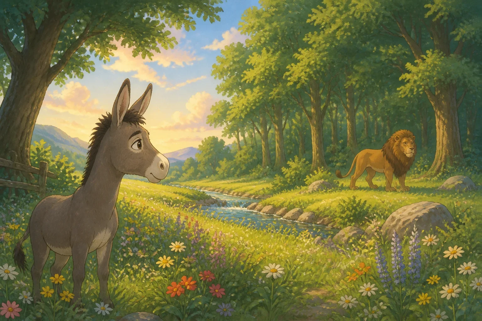 A gentle donkey named Dandy standing in a lush green meadow surrounded by colorful wildflowers, looking up at the distant forest with admiration.