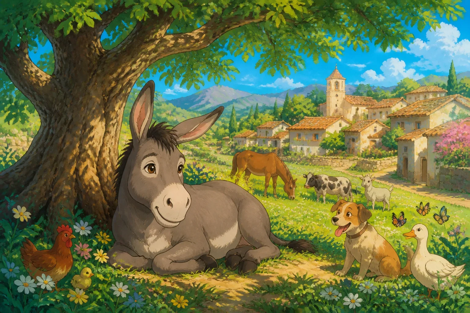 A charming donkey named Diego lounging lazily under a large oak tree in a peaceful village setting, with other animals busy in the background.