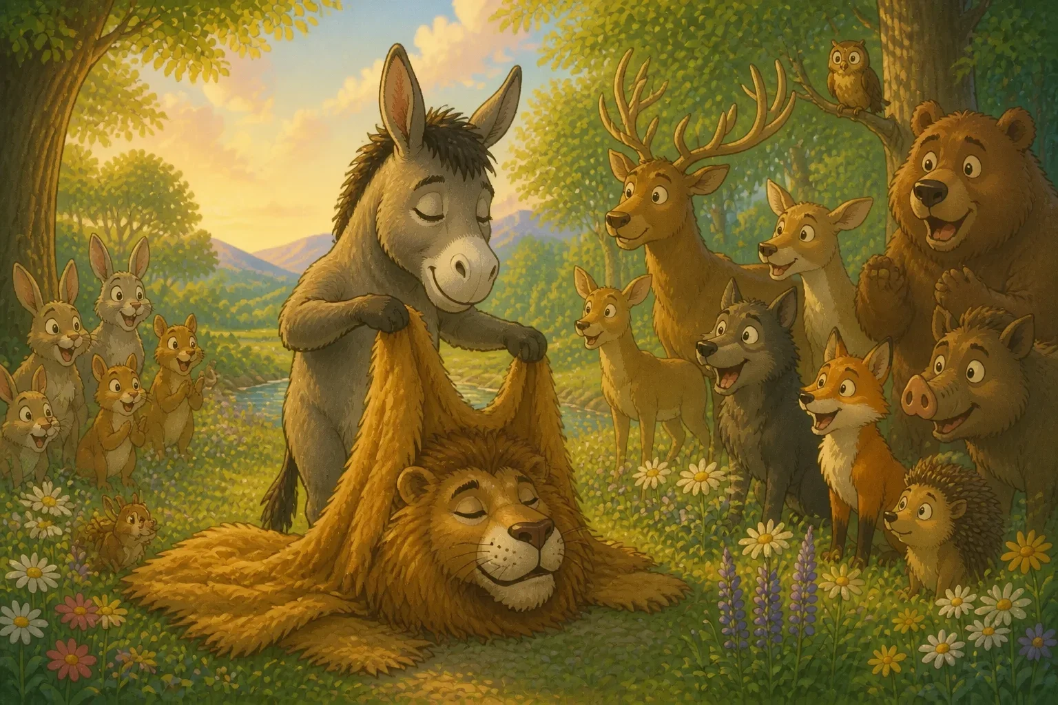 Dandy the donkey looking humbly at the animals around him after removing the lion's skin, with a gentle, sincere expression, animals gathered around showing understanding and kindness.