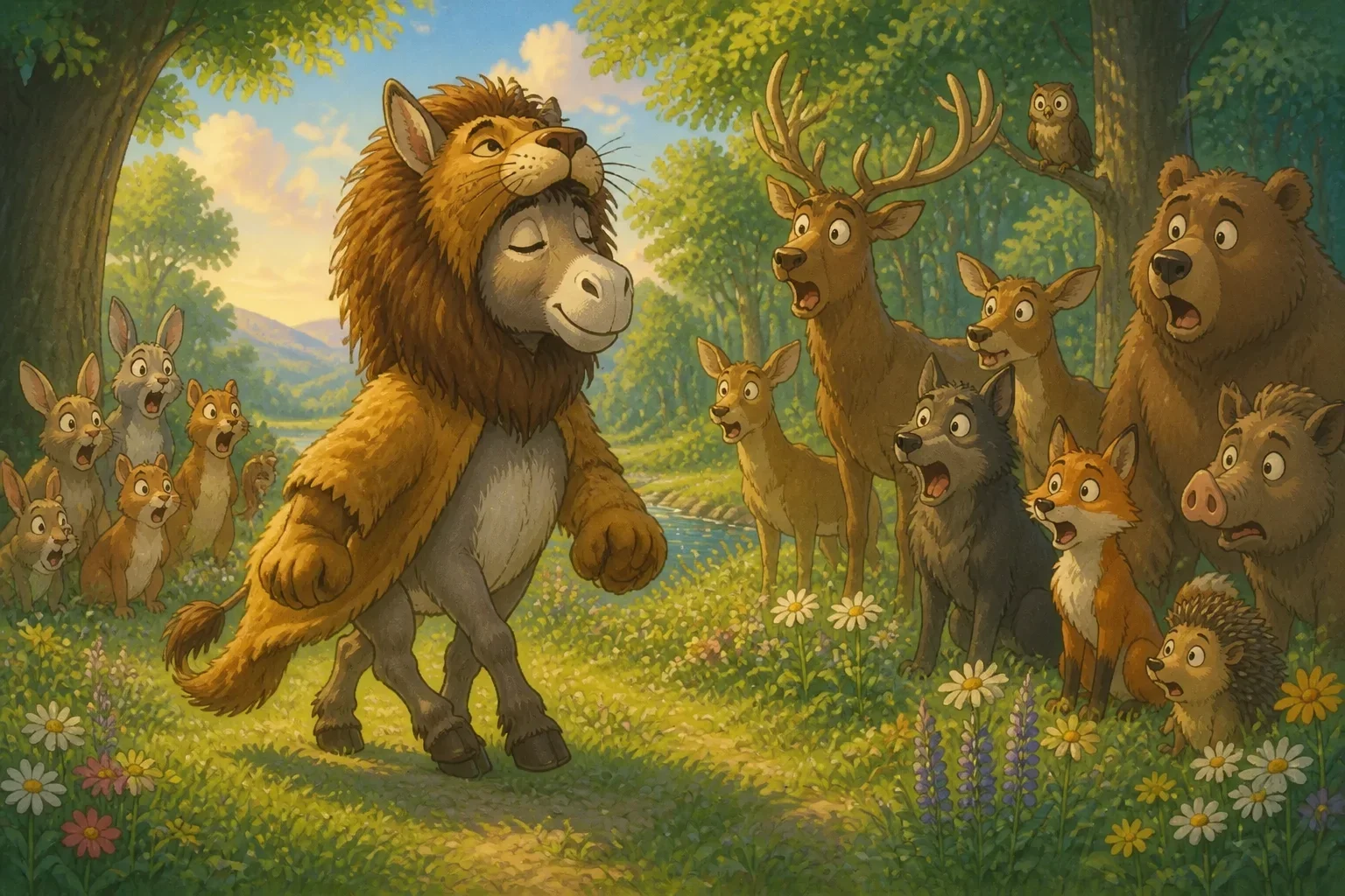 Dandy the donkey wearing a worn, tattered lion's skin, walking confidently with a raised head and a pretend roar, animals hiding or watching nervously from the sidelines.