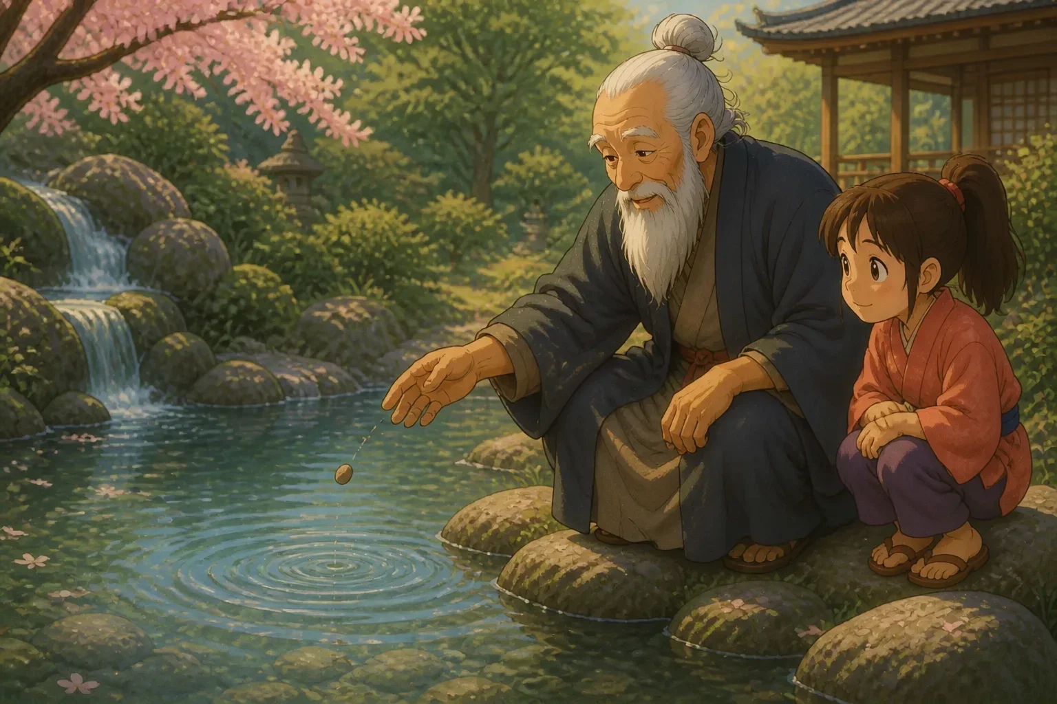 Zen master dropping a pebble into a pond, creating ripples that gradually fade, in a tranquil garden environment.