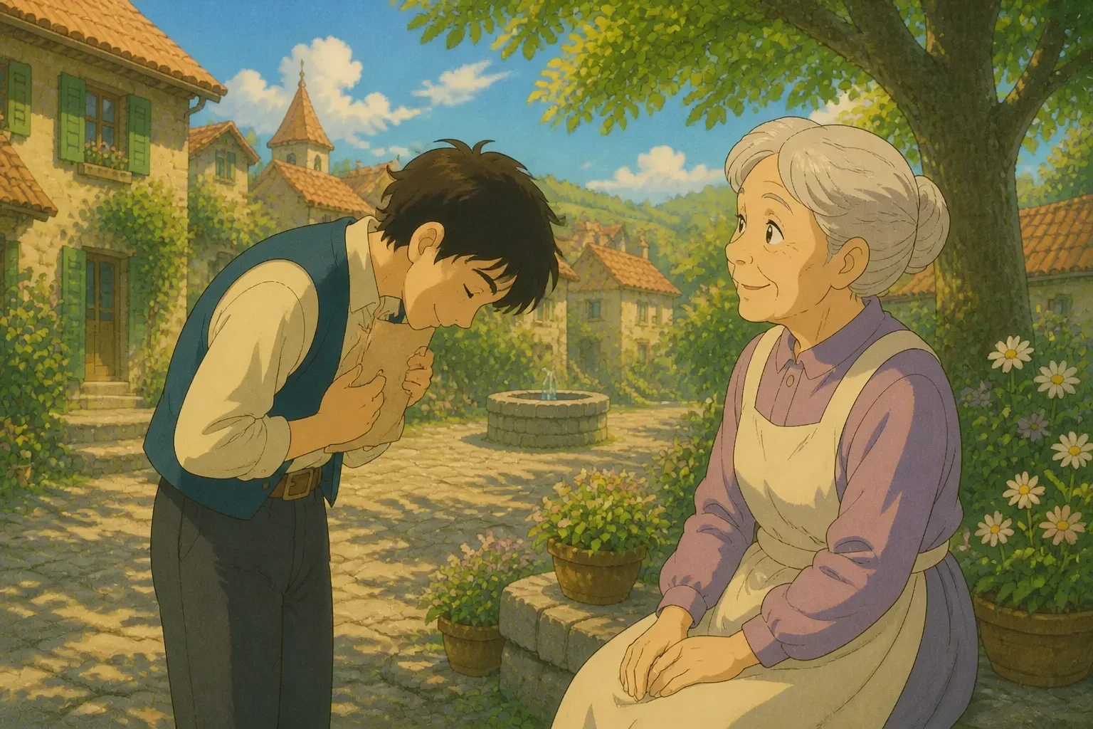 Ethan with a humbled expression, bowing slightly as Elara smiles kindly, embracing the lesson of humility, in a peaceful village setting with soft sunlight.