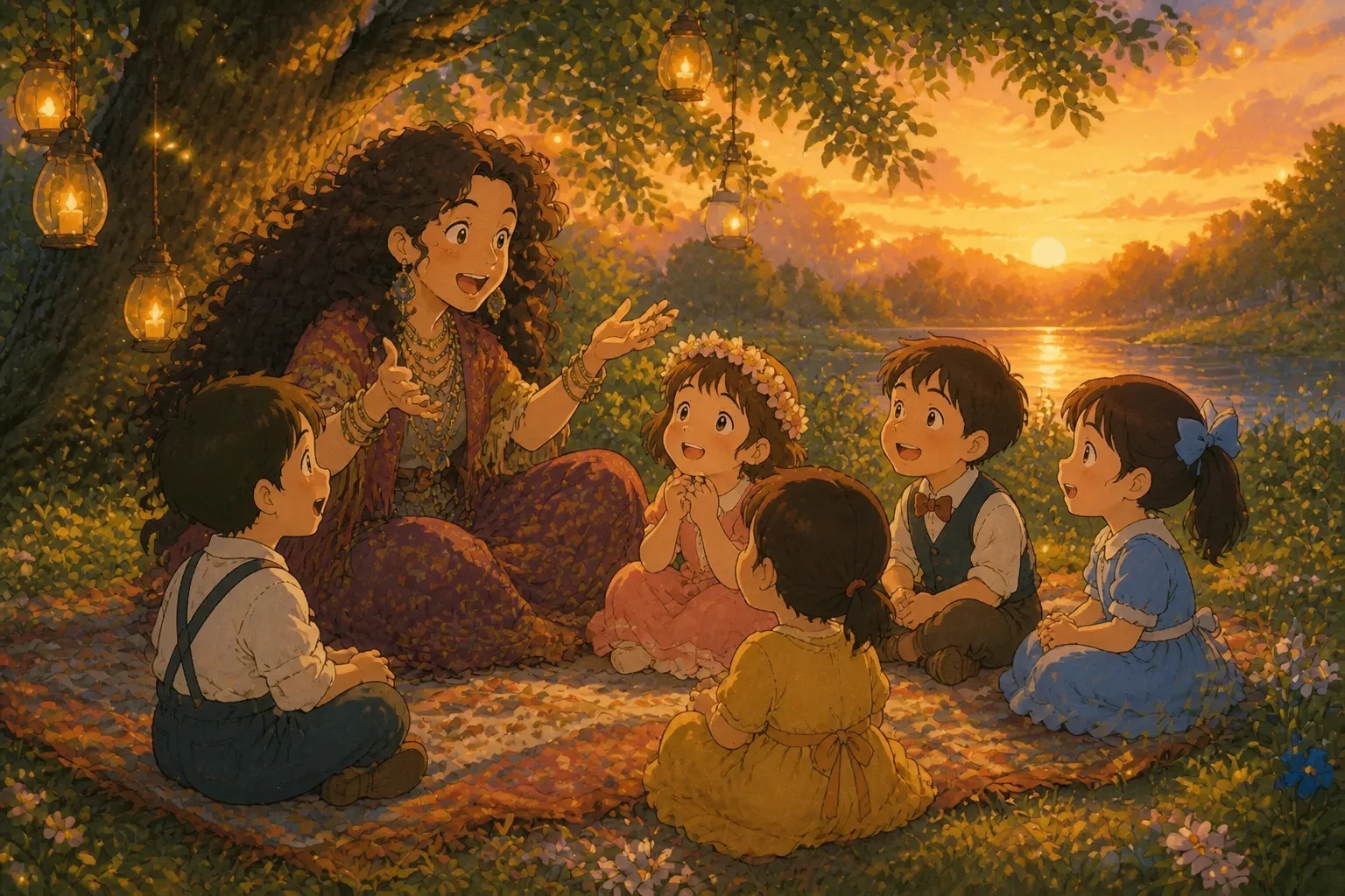 A warm scene showing a storyteller with wild curly hair, sitting on a blanket under a leafy tree, animatedly narrating a story to a circle of children who listen intently. The atmosphere is magical and cozy, with a soft glowing sunset and gentle nature background, illustrated in a charming children’s storybook aesthetic, cinematic 16:9.