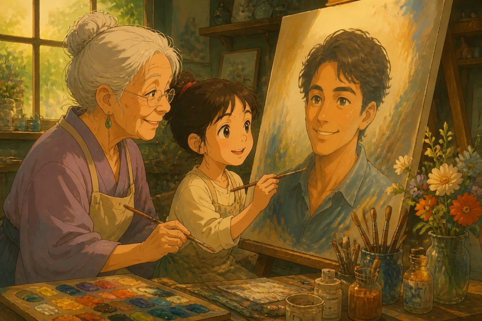 An elderly woman and a young girl sitting together in an art studio, working on a large portrait painting of a man, surrounded by art supplies and a warm, inviting atmosphere.