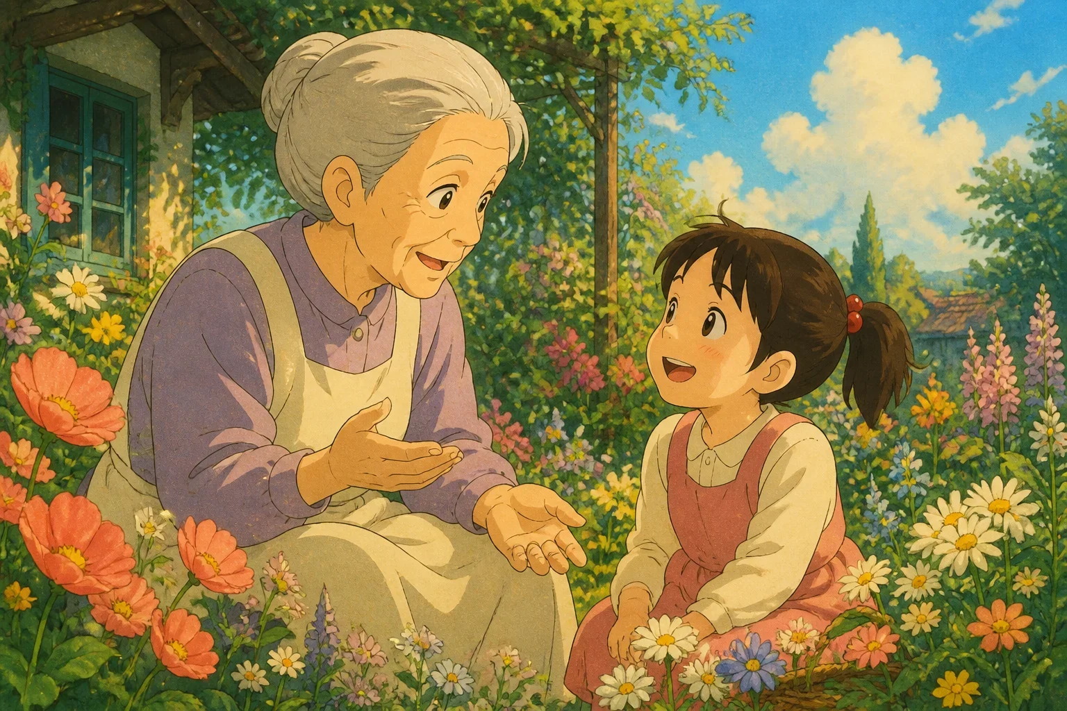 An elderly woman with a gentle smile sitting in her lush garden, surrounded by colorful flowers, while a young girl plays nearby, both sharing a joyful moment.