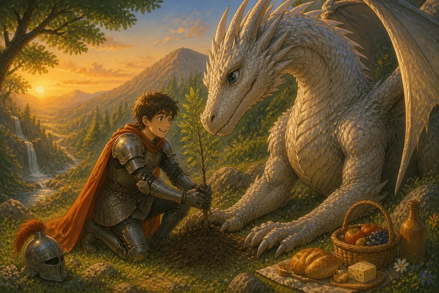 Eldrin and the dragon working together to plant trees and share food, symbolizing friendship and peace.