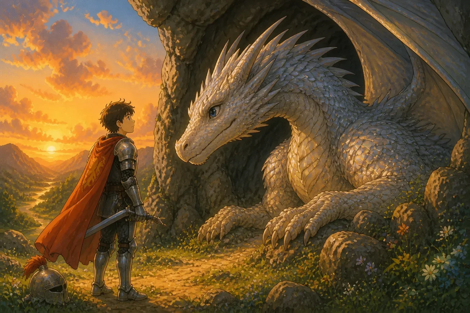 Eldrin standing calmly in front of a massive, shimmering dragon at its mountain lair, showing empathy and courage.