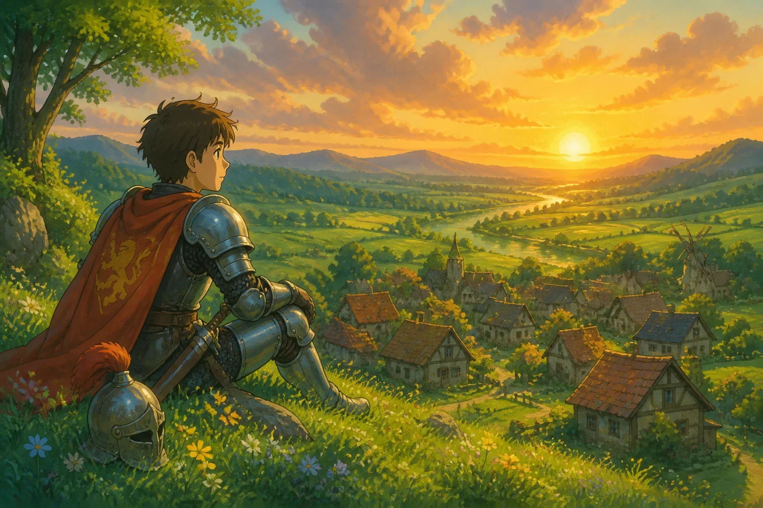 Eldrin sitting on a hill in his armor, gazing thoughtfully over his peaceful village as the sunset paints the sky.