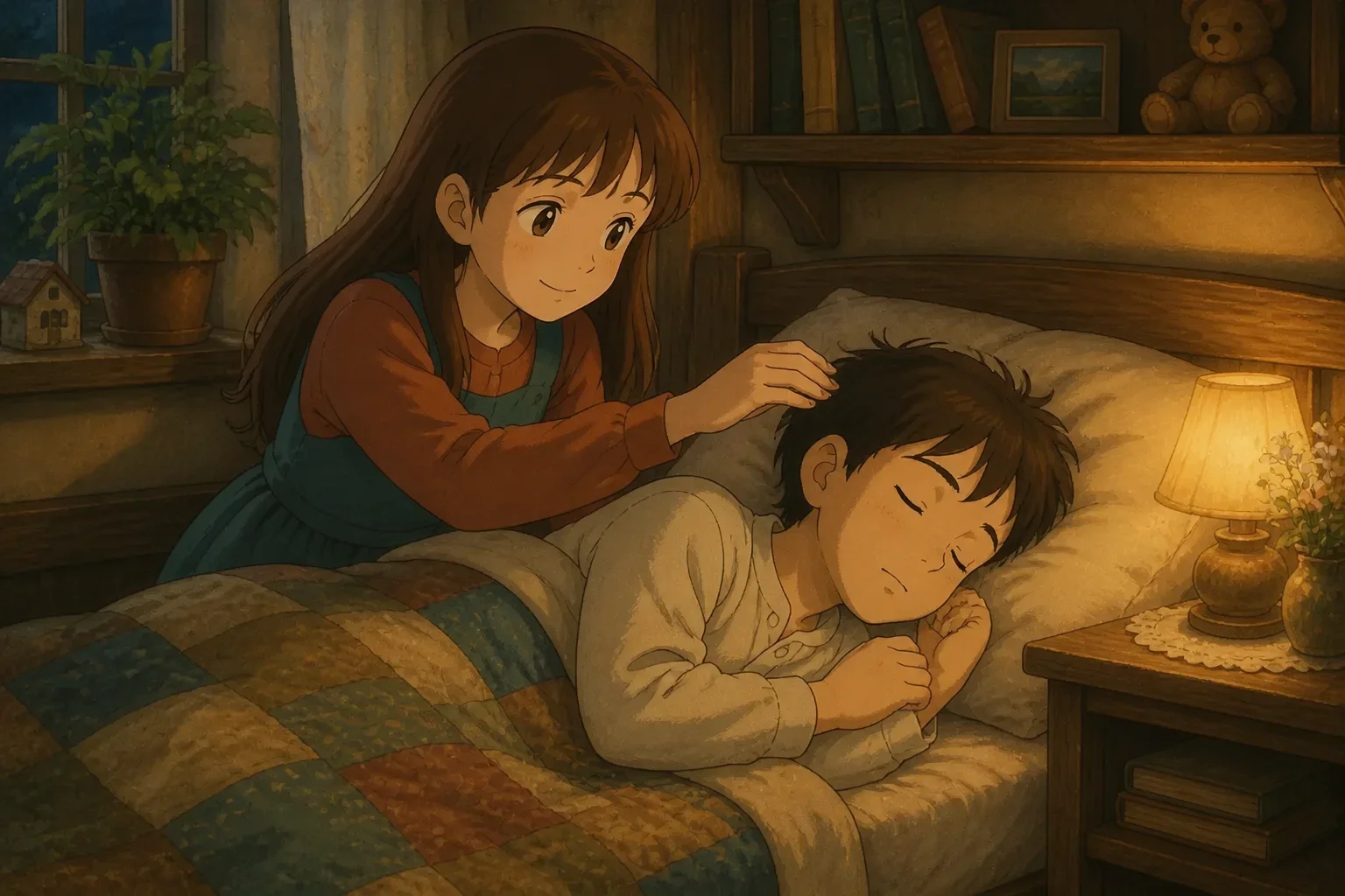 Elena smiling gently at Leo as he rests peacefully, a look of gratitude and unconditional love on her face, emphasizing emotional growth and understanding.