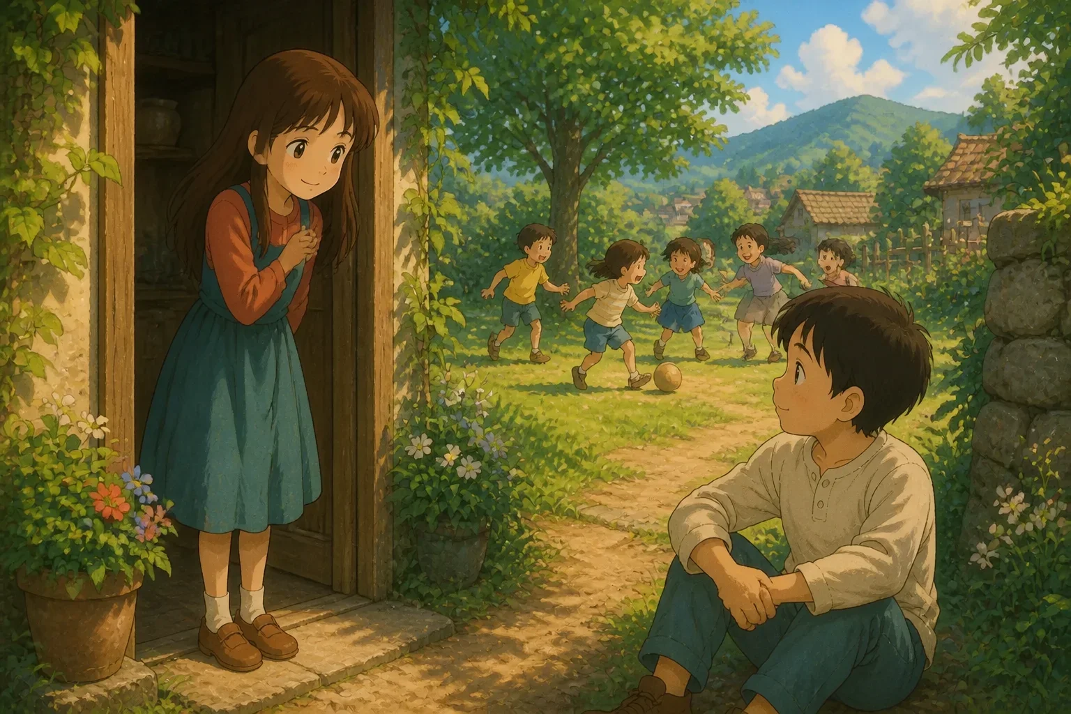 Elena hesitating before joining a group of children playing outside, with her brother Leo watched from the doorway, capturing the moment of internal conflict and hope.
