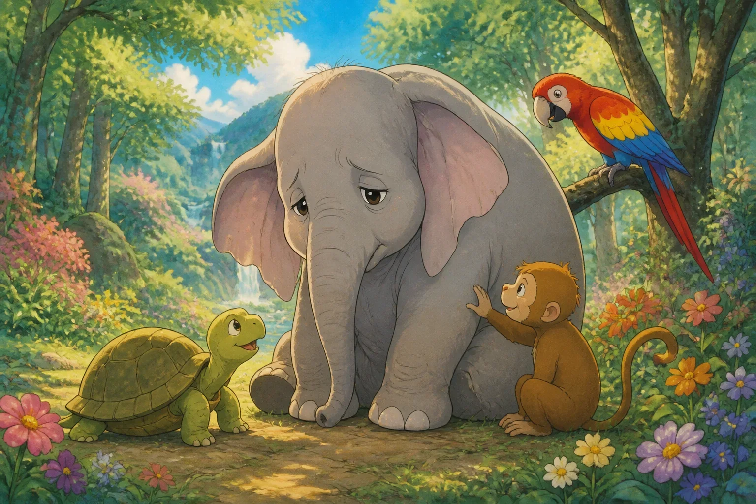 A lush green forest clearing bathed in sunlight, with Ellie the elephant standing a little apart from her animal friends, looking thoughtful and hesitant.