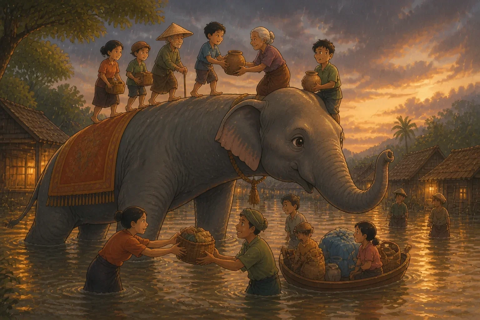 Ella the elephant creates a barrier with her body to help villagers cross the flooding river, with children and elderly safely passing through.