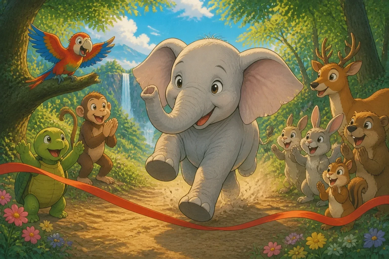 Ellie and her friends practicing running in the forest clearing, with Ellie looking determined and a little nervous, surrounded by trees and rocks as her friends cheer her on.