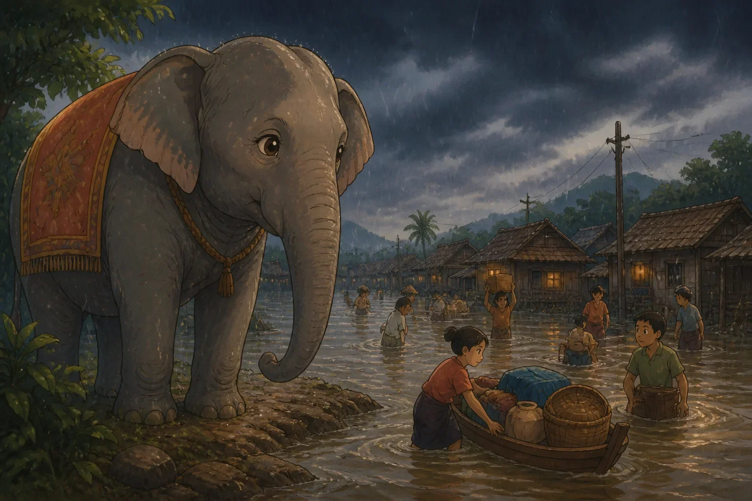 A large, gentle elephant named Ella stands at the edge of a flooded village under a dark, stormy sky. Rain pours heavily, and villagers are seen in the background trying to secure their belongings. The scene is filled with a sense of urgency and hope, depicted in a warm, Ghibli-inspired style with rich colors and soft lighting, cinematic 16:9 composition.