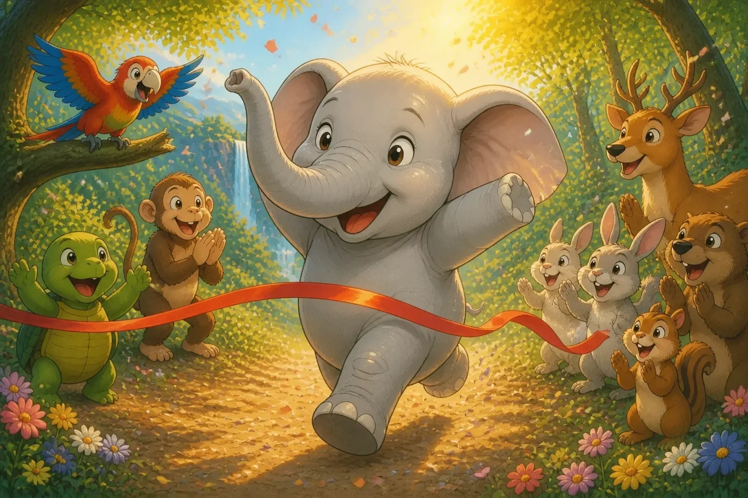 Ellie the elephant happily crossing a finish line in a race with her friends cheering in celebration, lush greenery and sunlight filling the scene, conveying joy, achievement, and self-confidence.