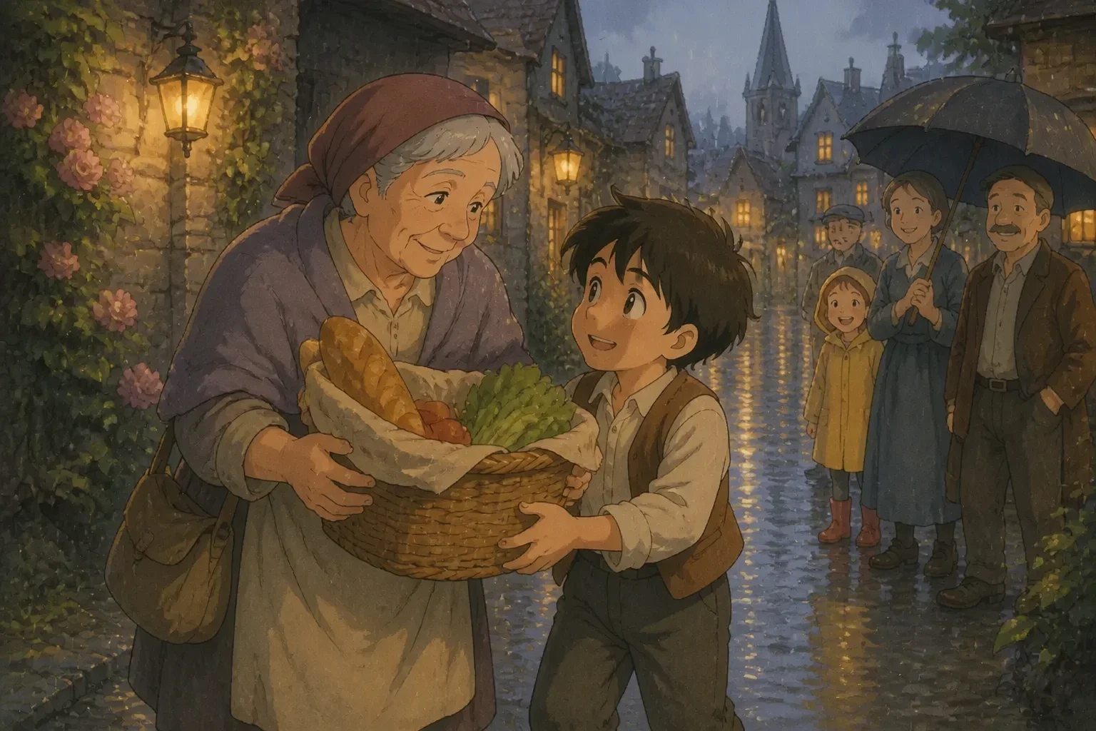 Eli helping an elderly woman with her groceries in the rain, smiling warmly at her, as other town residents look on appreciatively.