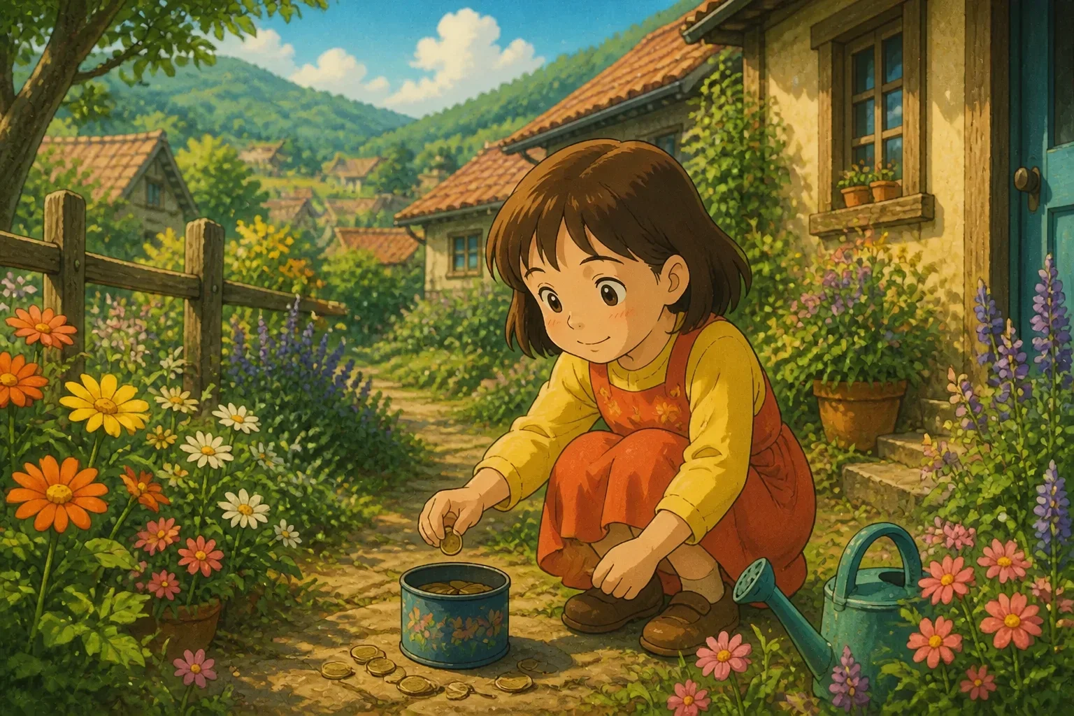 A young girl carefully saving coins in a small tin box, with a determined expression, standing near her garden in the village.