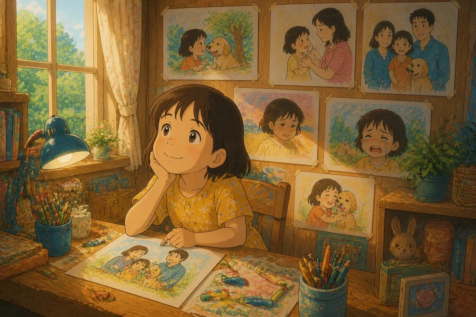 A young girl drawing colorful pictures of her family and feelings inside her cozy bedroom.