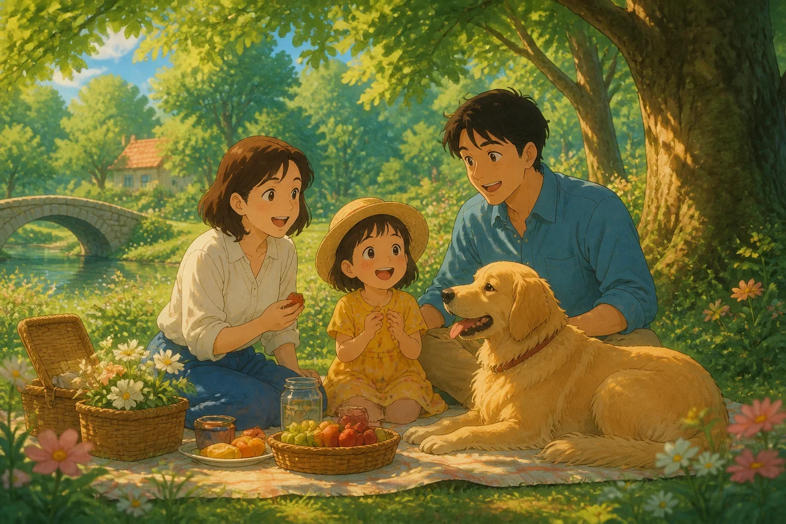 Young girl Emily sitting on a park bench with her parents and dog, sharing a picnic and laughing together.