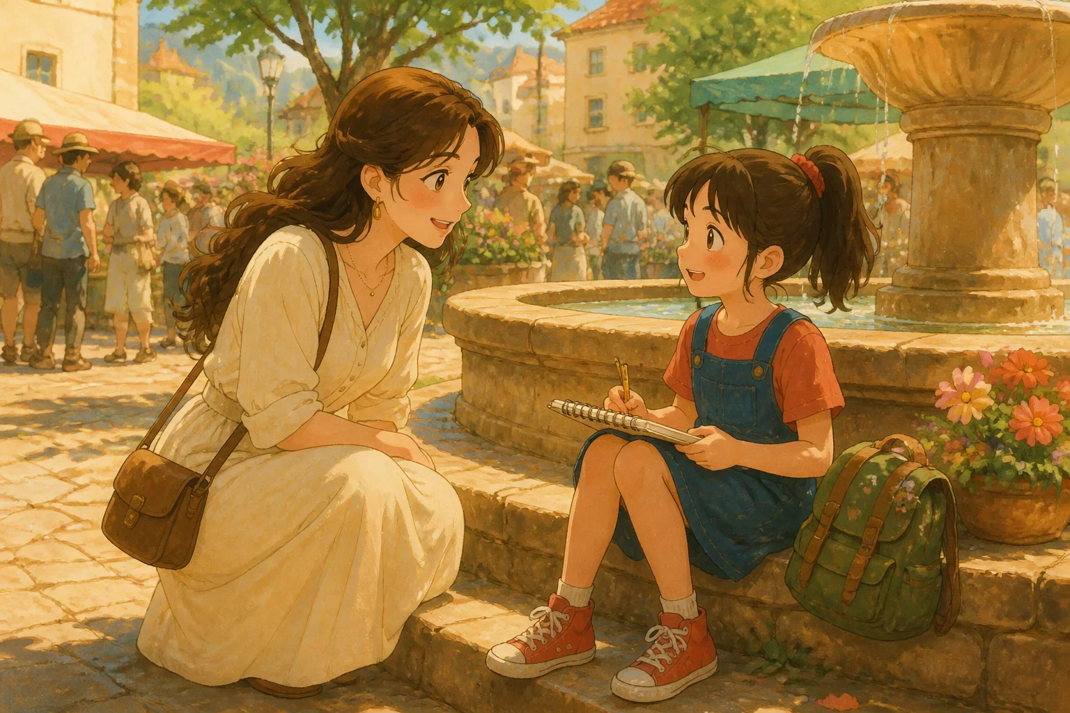 Emily, the famous celebrity, kneeling and smiling warmly while talking to a young girl sitting on a fountain steps, sketching in her notebook, in a lively park setting.