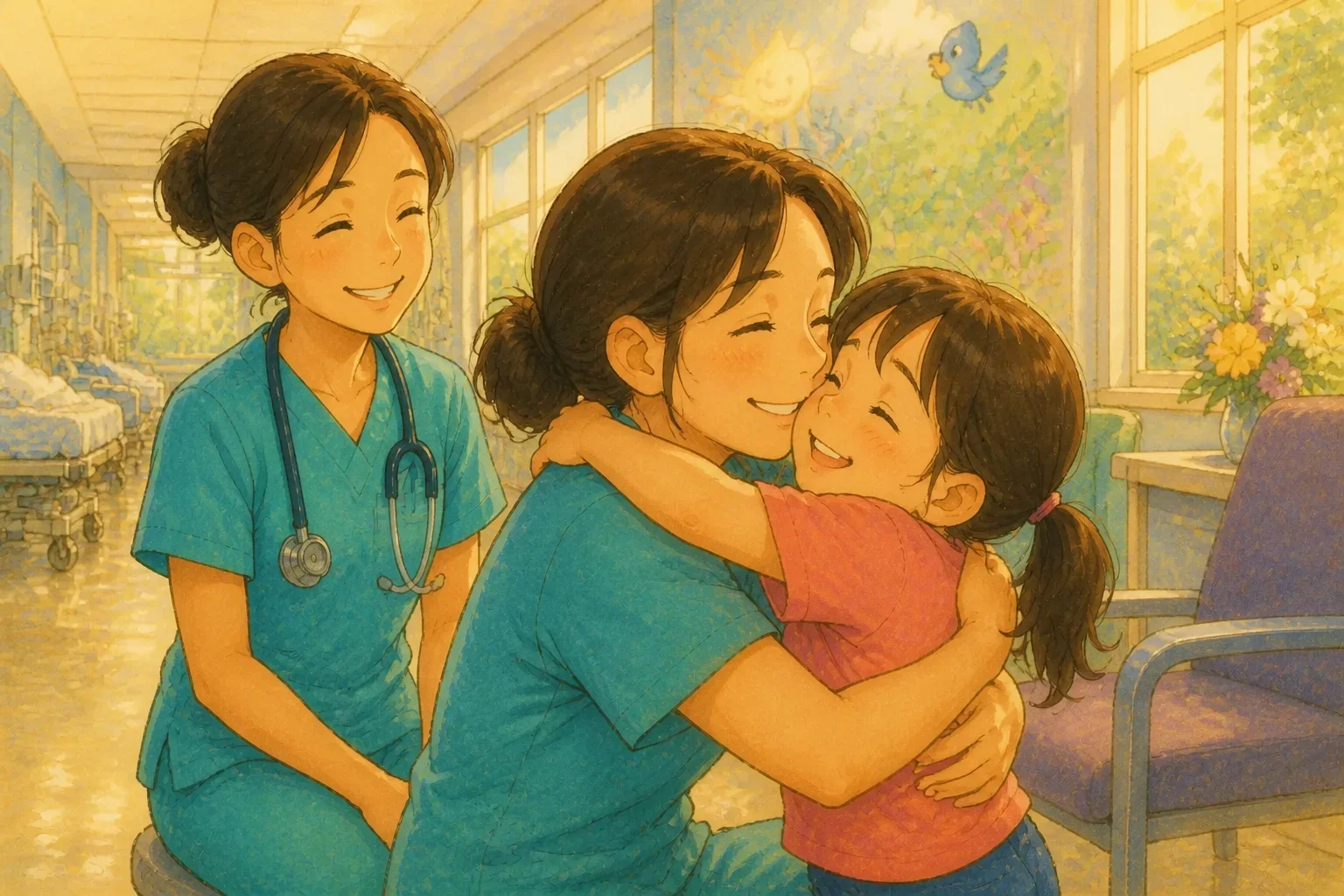 Emma happily hugging her mother after being reunited at the hospital, with Nurse Sarah smiling nearby.