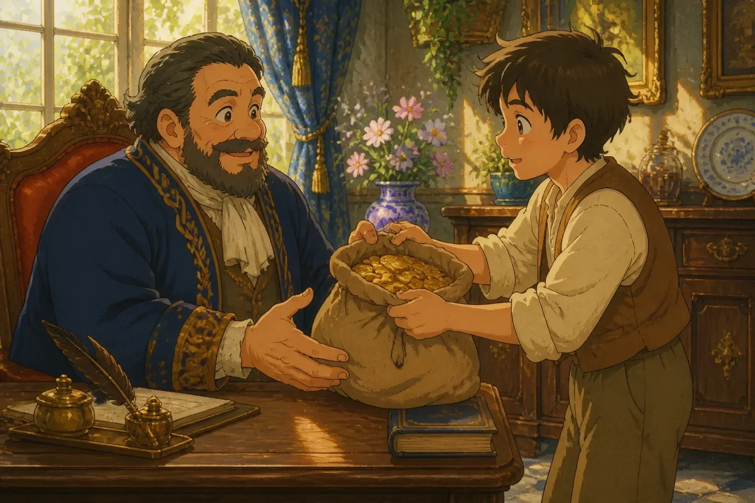 Thomas confidently handing the gold to his employer, Mr. Hargrove, in a grand estate, with both characters showing trust and respect.