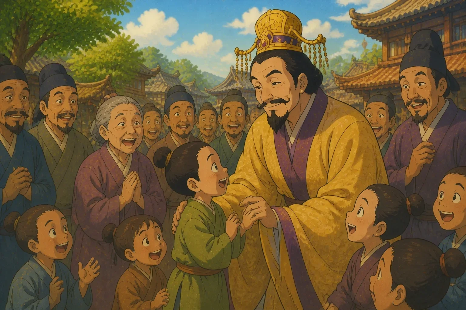 The Emperor, now looking humble and honest, standing confidently with his hands clasped, surrounded by grateful and happy townspeople, in a colorful, friendly children's storybook style.