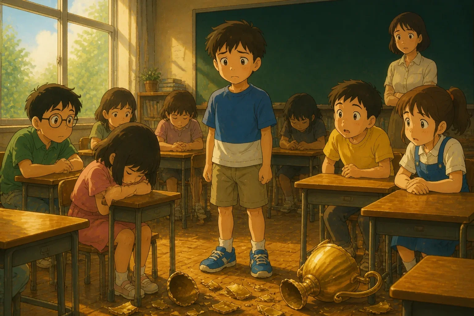 Ethan, feeling guilty, standing in front of his classmates and apologizing for breaking the trophy, while his classmates listen quietly with mixed emotions.
