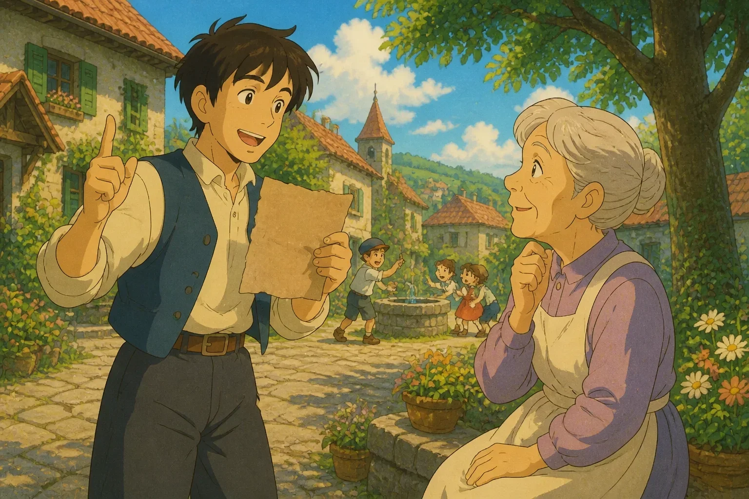 A confident young traveler, Ethan, standing with a mischievous grin, holding a riddle in front of Elara, who listens patiently, in a sunny village setting.