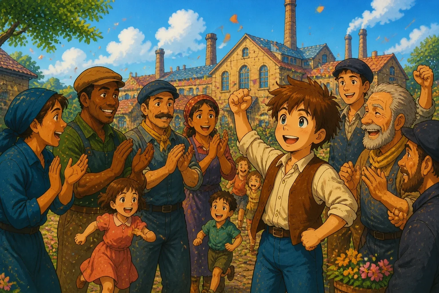 Happy villagers and workers celebrating outside the improved factory, with Sam smiling proudly in the foreground.