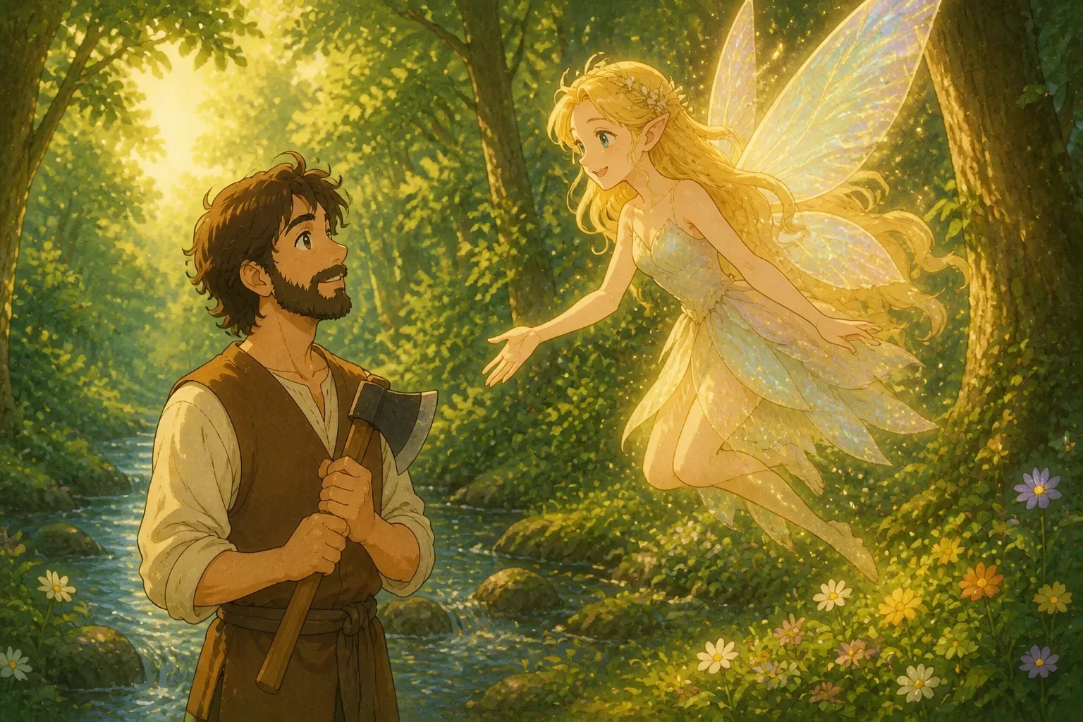 A shimmering fairy with golden hair and delicate wings floating in sunlight, speaking gently to the woodcutter Ravi in the forest.
